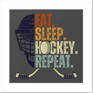 Eat Sleep Hockey Repeat Kids Adult Ice Hockey Retro Vintage Posters and Art